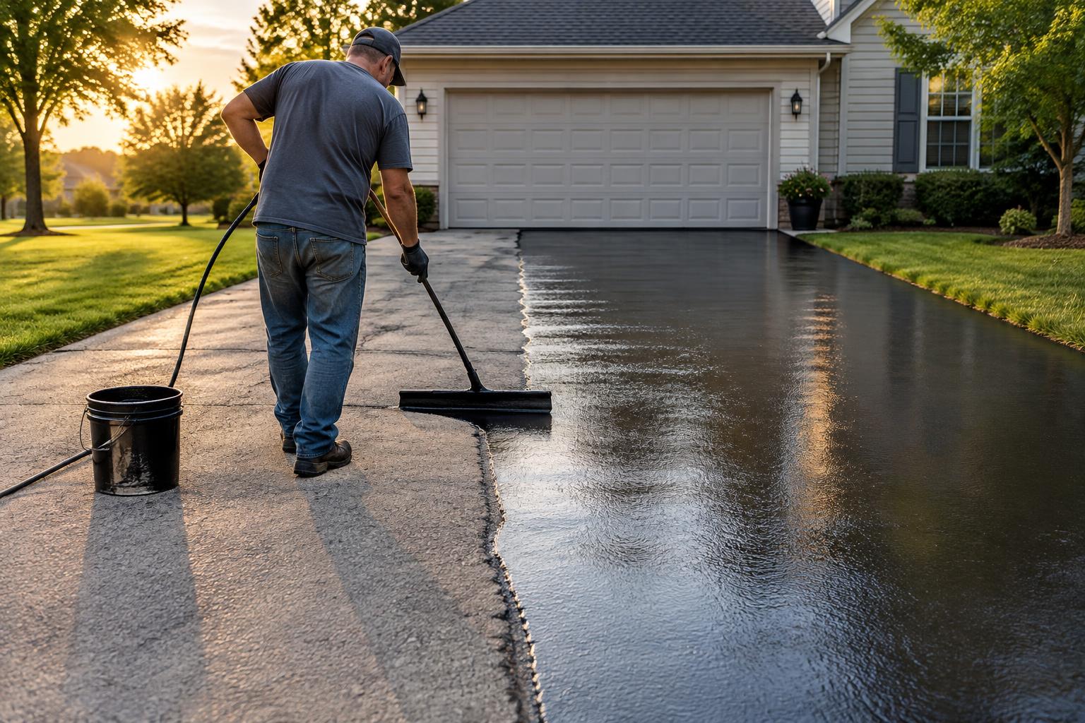 A residential asphalt driveway being resealed, the fresh dark sealant standing out sharply against the older gray asphalt