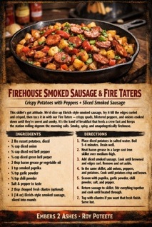 A recipe card for Firehouse Smoked Sausage and Fire Taters, a skillet of crispy potatoes with peppers and sliced smoked sausage, with the ingredients and directions printed below