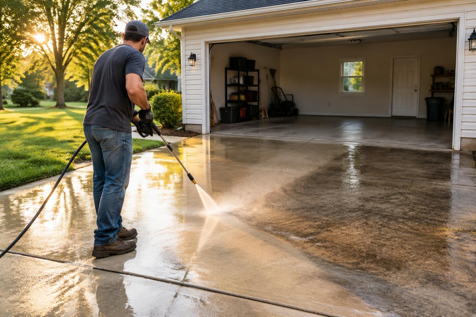 A pressure washer cleaning the concrete apron in front of an open garage, the cleaned concrete standing out against the uncleaned area
