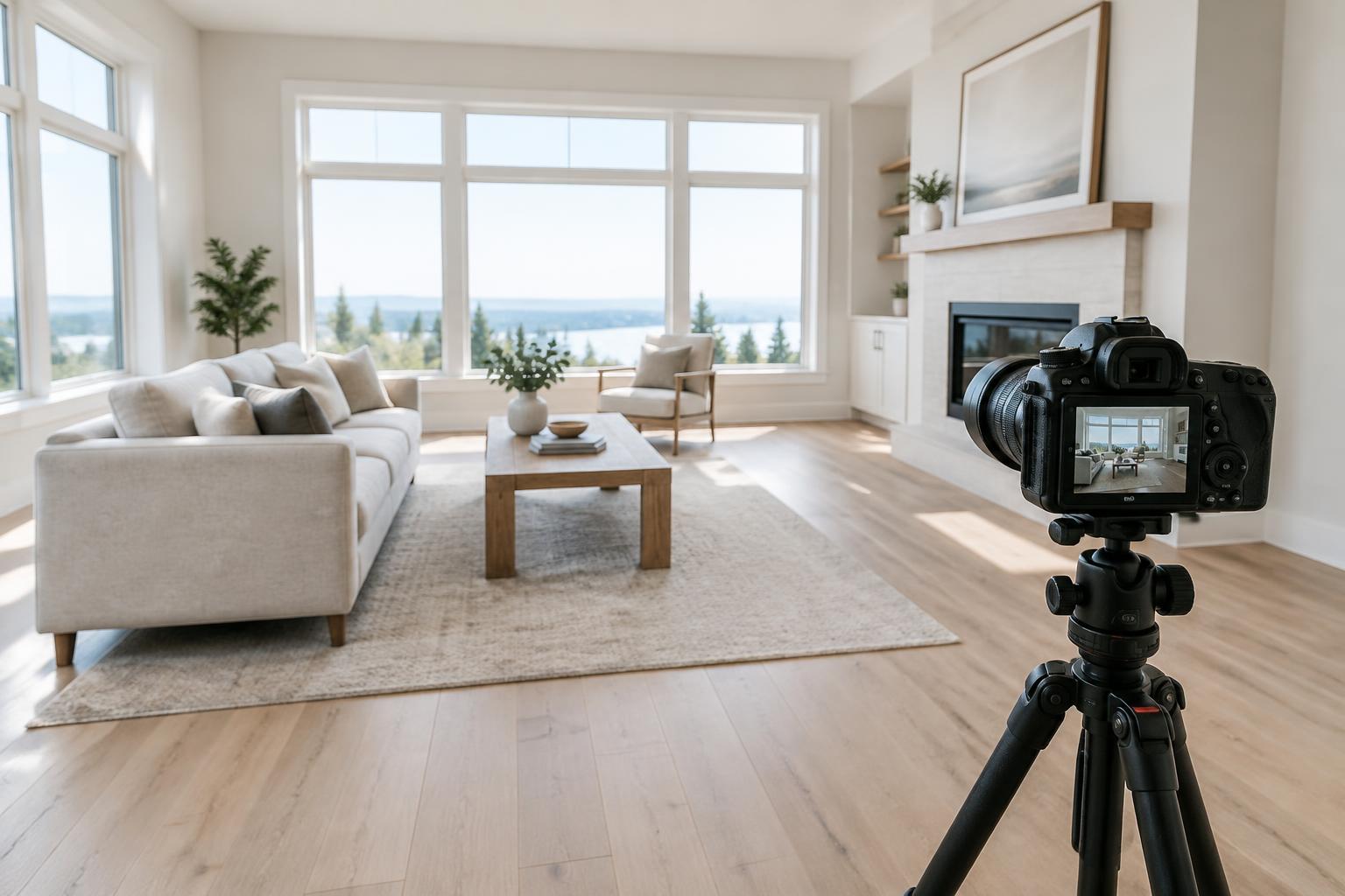 A camera on a tripod photographing a bright, modern living room
